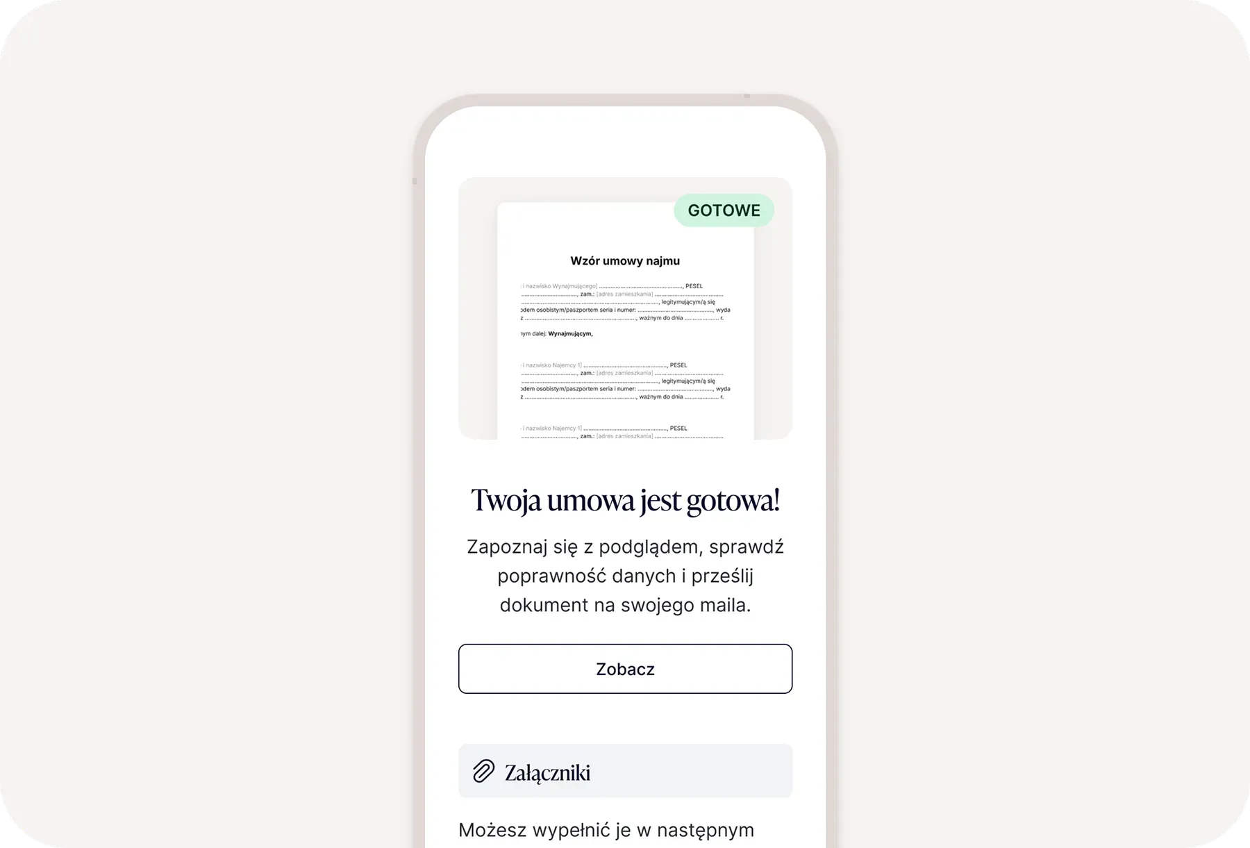 Finalny krok kreatora umowy najmu – komunikat „Twoja umowa jest gotowa!" z opcją sprawdzenia danych i przesłania dokumentu na e-mail